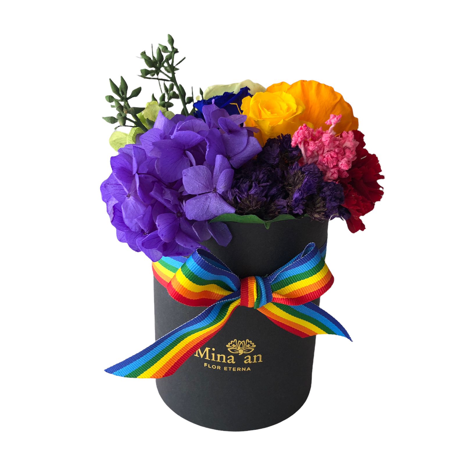 Hat box redondo Arcoiris-flores preservadas